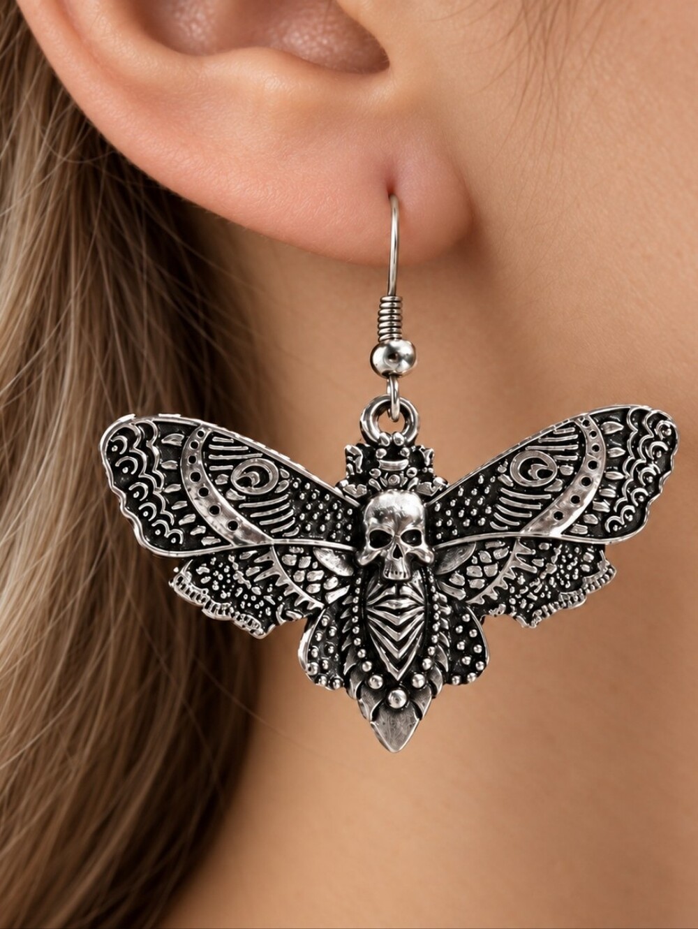 MODCLOTH DEATH HEAD MOTH ANTIQUED SILVER EARRINGS - Picture 2 of 3